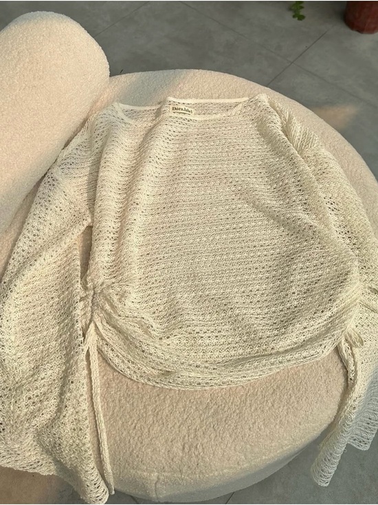 dora.label Sweaters - Open-Knit Cream Crewneck Sweater with Side Ties